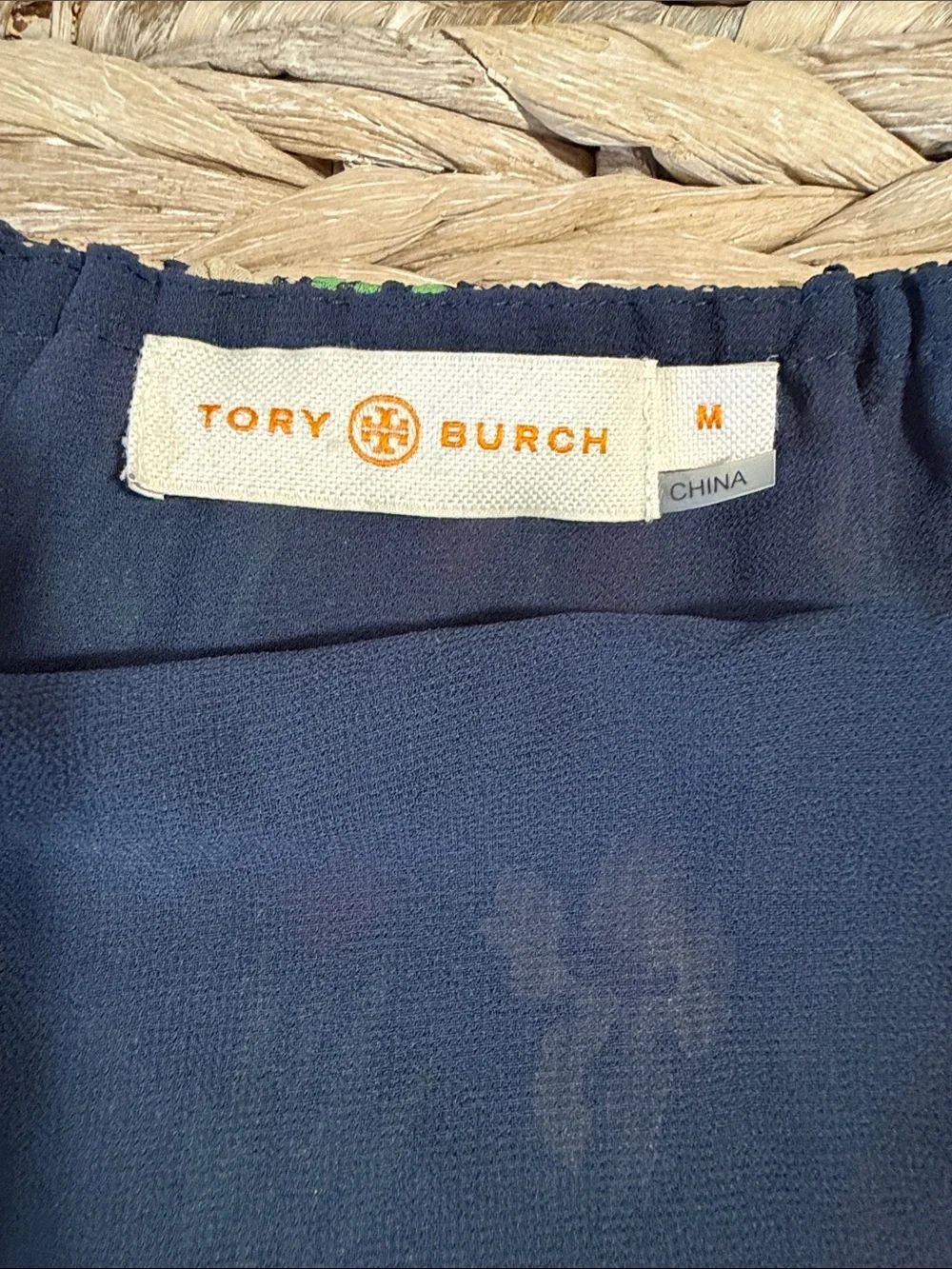 Tory Burch Navy Floral Tie-Neck Peasant Blouse with Tassels